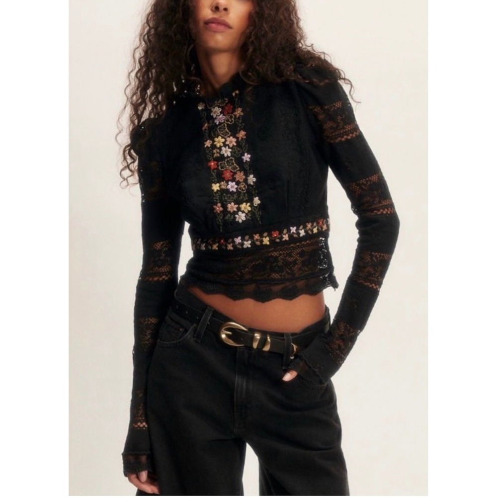 Free People Garden Grace Embroidered Lace Top Black Victorian Whimsy Boho Cotton